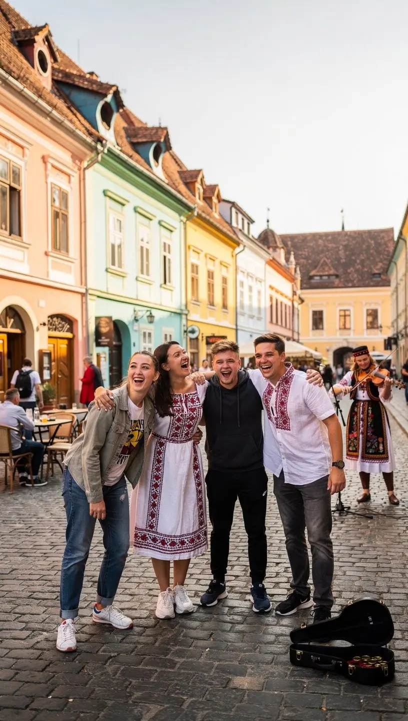 Străzi pietruite din Sibiu, cu case colorate și cafenele pitorești, ideale pentru o pauză de relaxare.